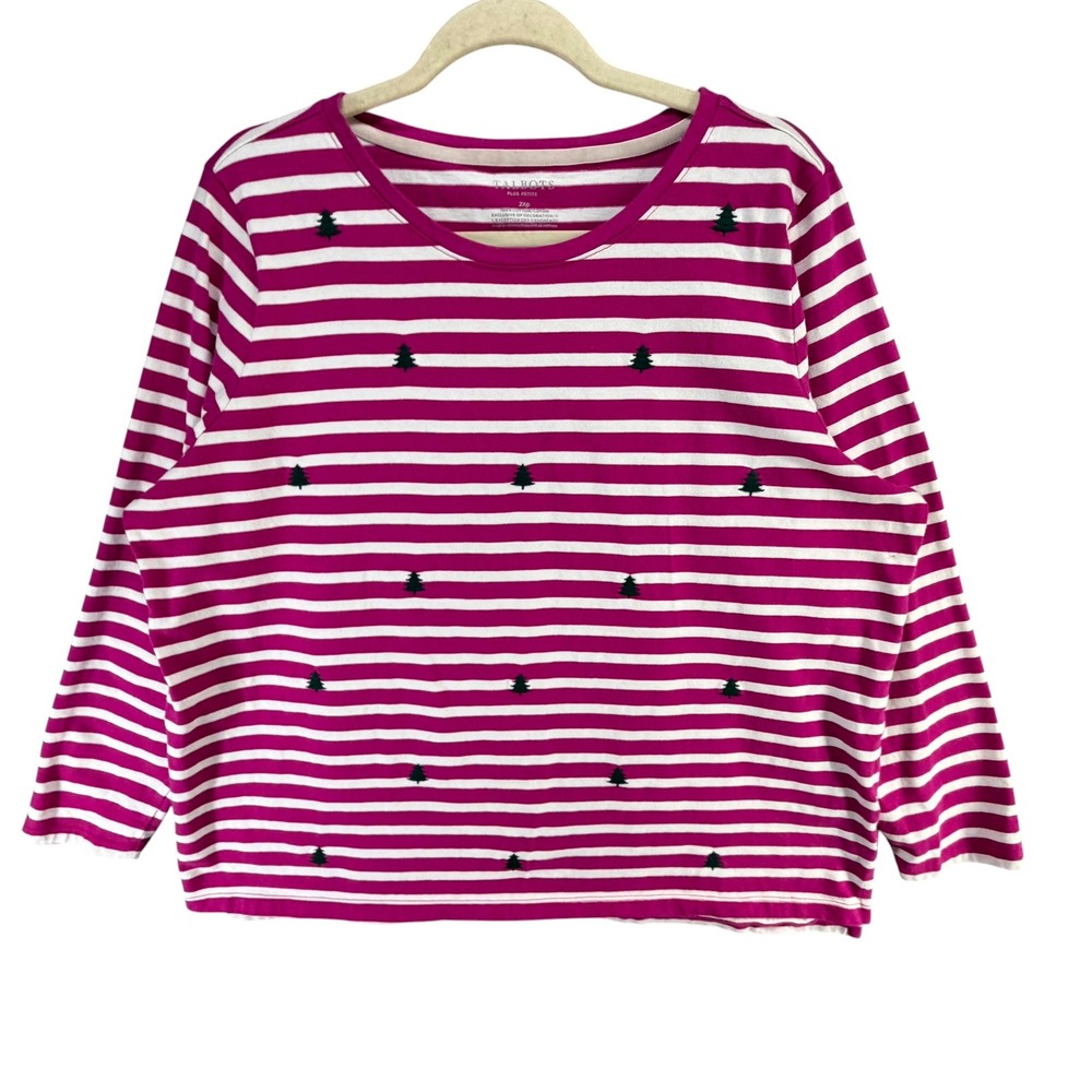 Talbots Long Sleeve Tee Shirt Womens 2Xp Pink Striped Pine Tree Holiday Coastal